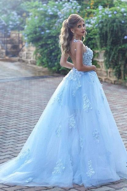 Light Blue 2 Piece Prom Dresses Off the Shoulder Flower Long Evening G –  MyChicDress